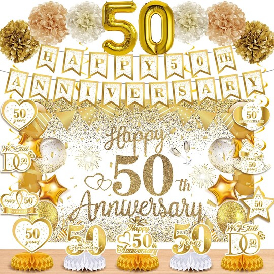 Citrus; 50th Golden Wedding Anniversary Decorations Set, White Gold Happy Anniversary Banner Backdrop, Hanging Swirls Pom Poms Centerpieces and Foil Balloons Party Supplies; Category:Banners; Image:1
